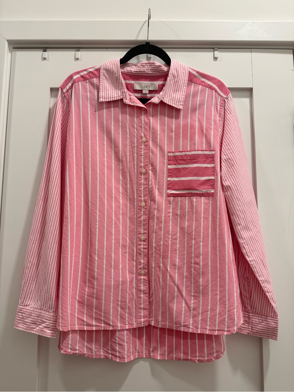LOFT Pink and White Vertical-Strip Button Down Shirt
